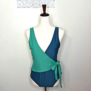 SUMMERSALT Women's 12 Faux Wrap Tie 1-Piece Bathing Swim Suit TEAL Sea GREEN